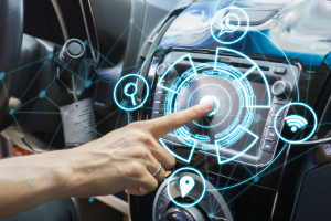 Dibuix digital de sistema electrònic de cotxe amb mà interactuant amb interfície
